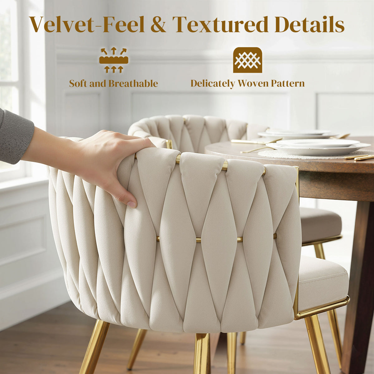 Modern Dining Chairs Set of 2, Velvet-Feel Upholstered Kitchen Chairs with Woven Backrest and Metal Legs, Cream White