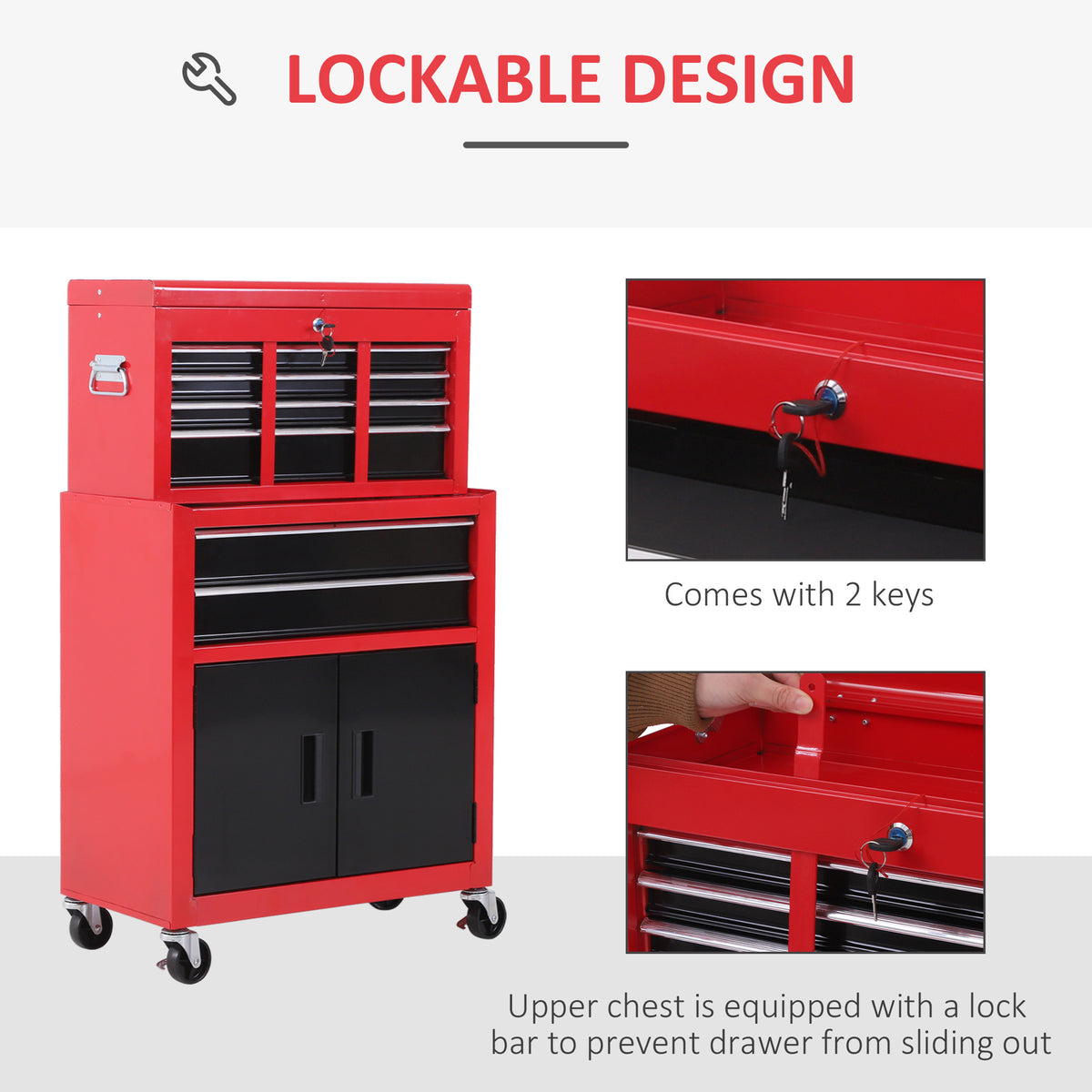6-Drawer Rolling Tool Chest, 2 in 1 Lockable Storage Cabinet with Hooks, Metal Tool Box for Garage – view 20