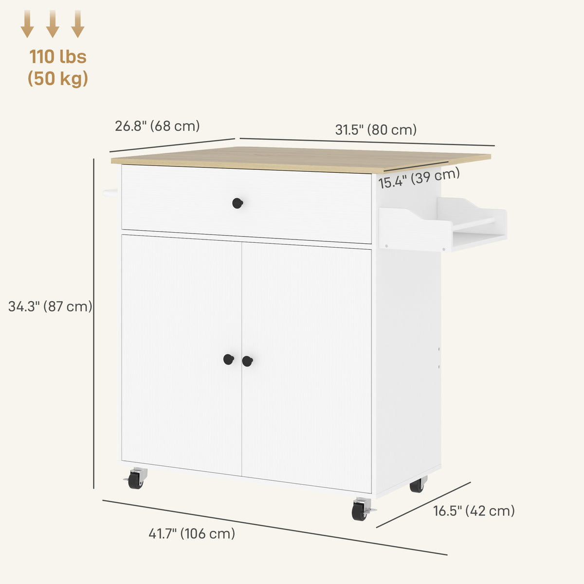 Rolling Kitchen Island with Drop Leaf, Kitchen Storage Cart with Drawer, Spice Rack and Towel Rack, White