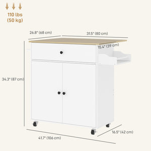 Rolling Kitchen Island with Drop Leaf, Kitchen Storage Cart with Drawer, Spice Rack and Towel Rack, White
