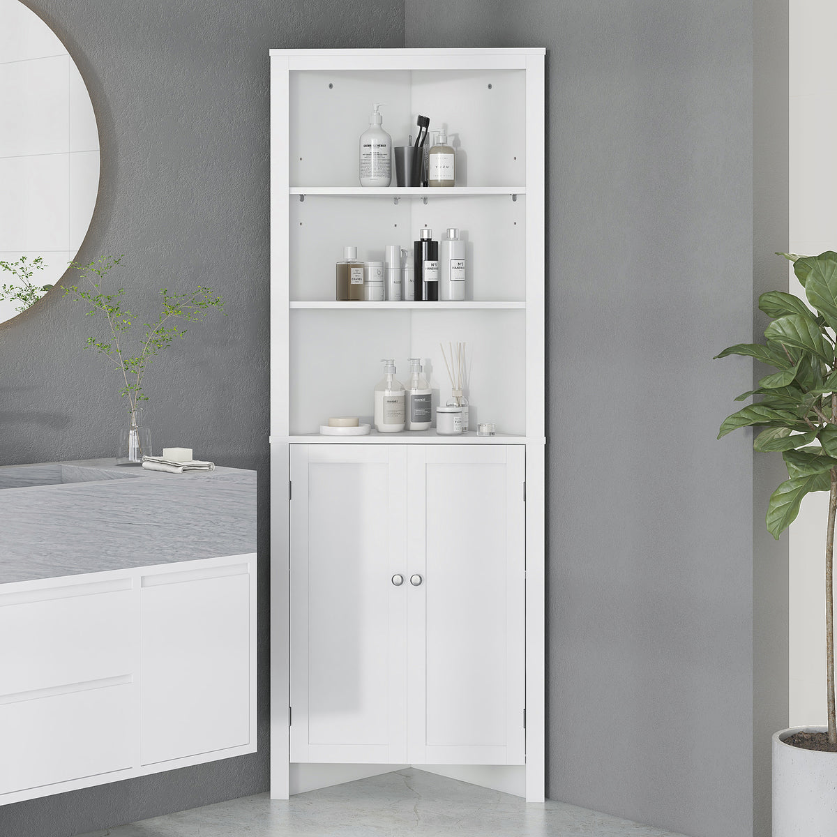 Tall Bathroom Storage Cabinet, Corner Cabinet with Doors, Linen Cabinet with Doors and 3-Tier Shelves, White
