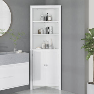 Tall Bathroom Storage Cabinet, Corner Cabinet with Doors, Linen Cabinet with Doors and 3-Tier Shelves, White