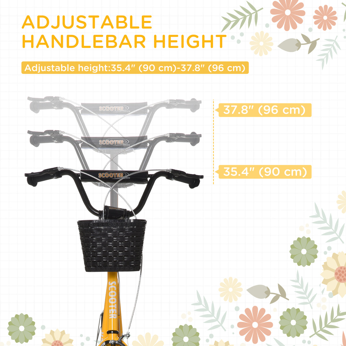 Aosom Kick Scooter with Adjustable Handlebar, Kids Scooter with 2 Brakes Basket Cupholder 16" Inflatable Rubber Tyres
