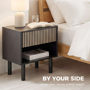 Modern Bedside Table with Drawer and Open Shelf, Sofa Side Table for Bedroom Living Room, Black