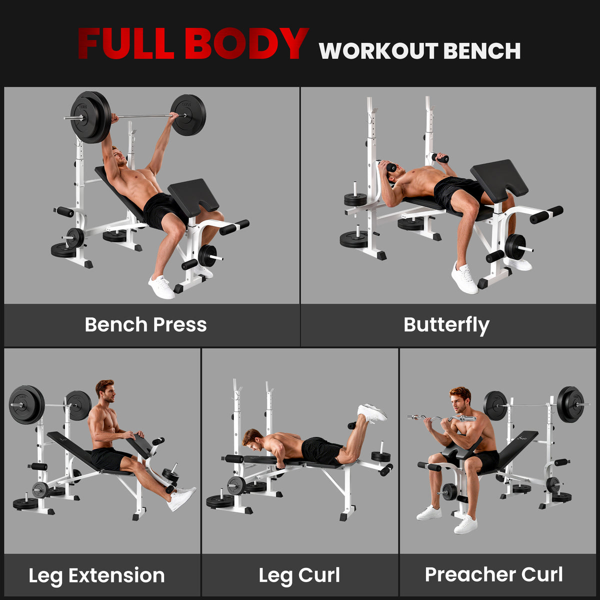 Soozier Bench Press Set Adjustable Weight Bench with Squat Rack, Preacher Curl Pad, Leg Developer and Weight Storage