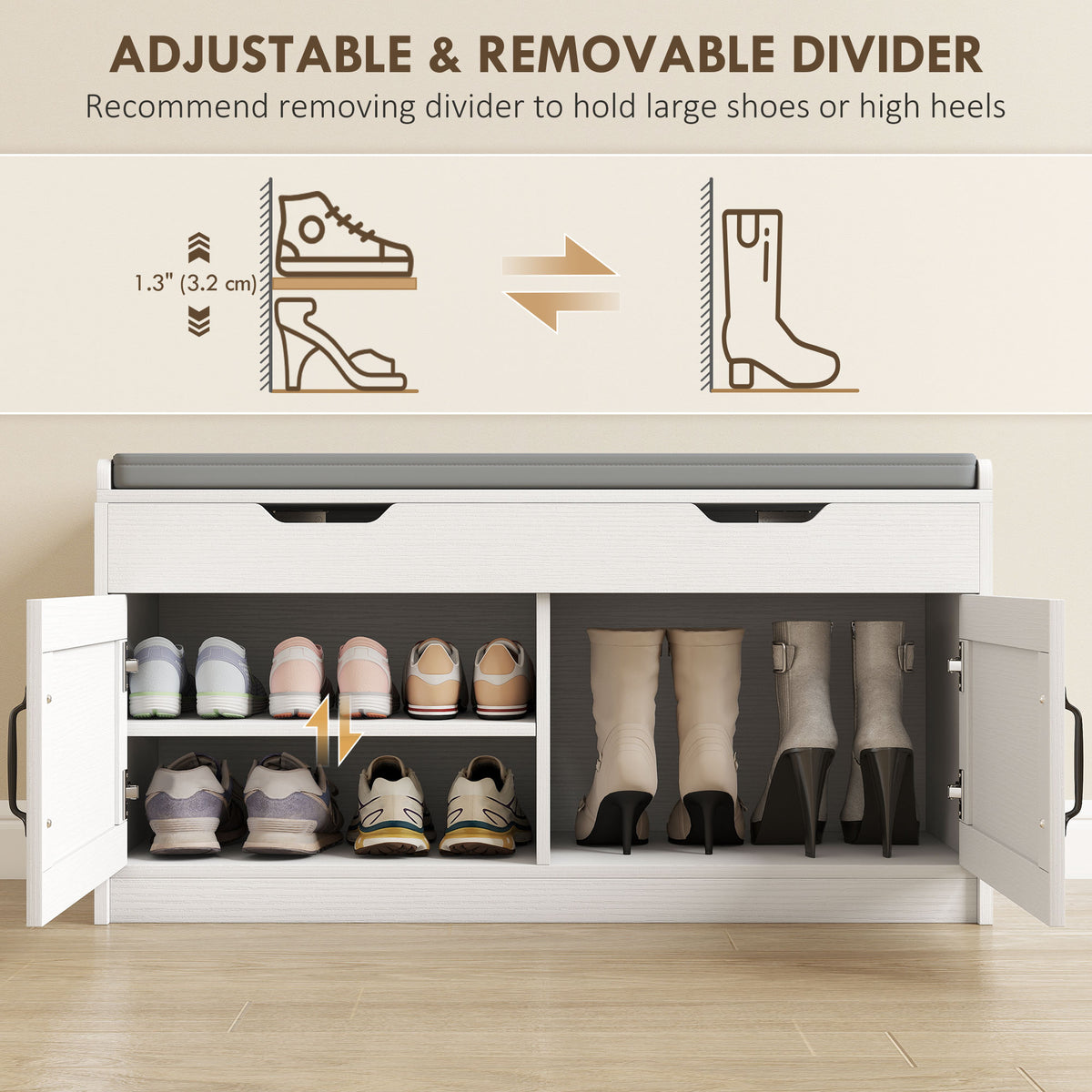 Shoe Storage Bench, Entryway Bench with 2-Tier Cabinet, Flip-Top Storage, Padded Cushion for Hallway – view 11