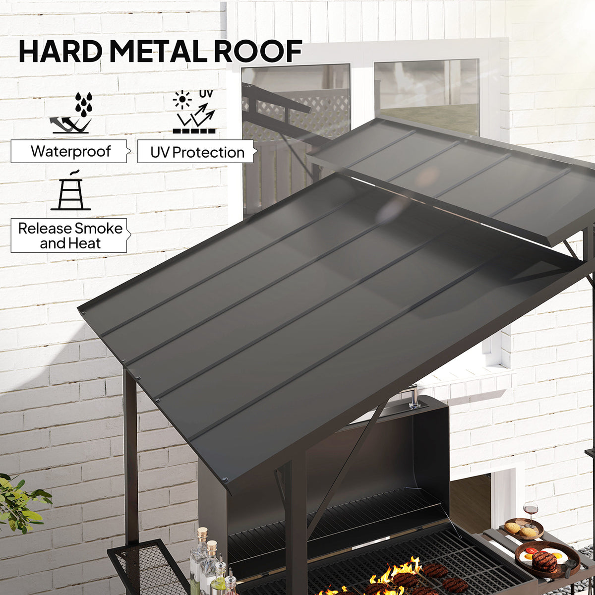 8 x 5ft Hardtop Grill Gazebo with Double Metal Roof, 2 Side Shelves and 10 Hooks for Patio Backyard Lawn Deck