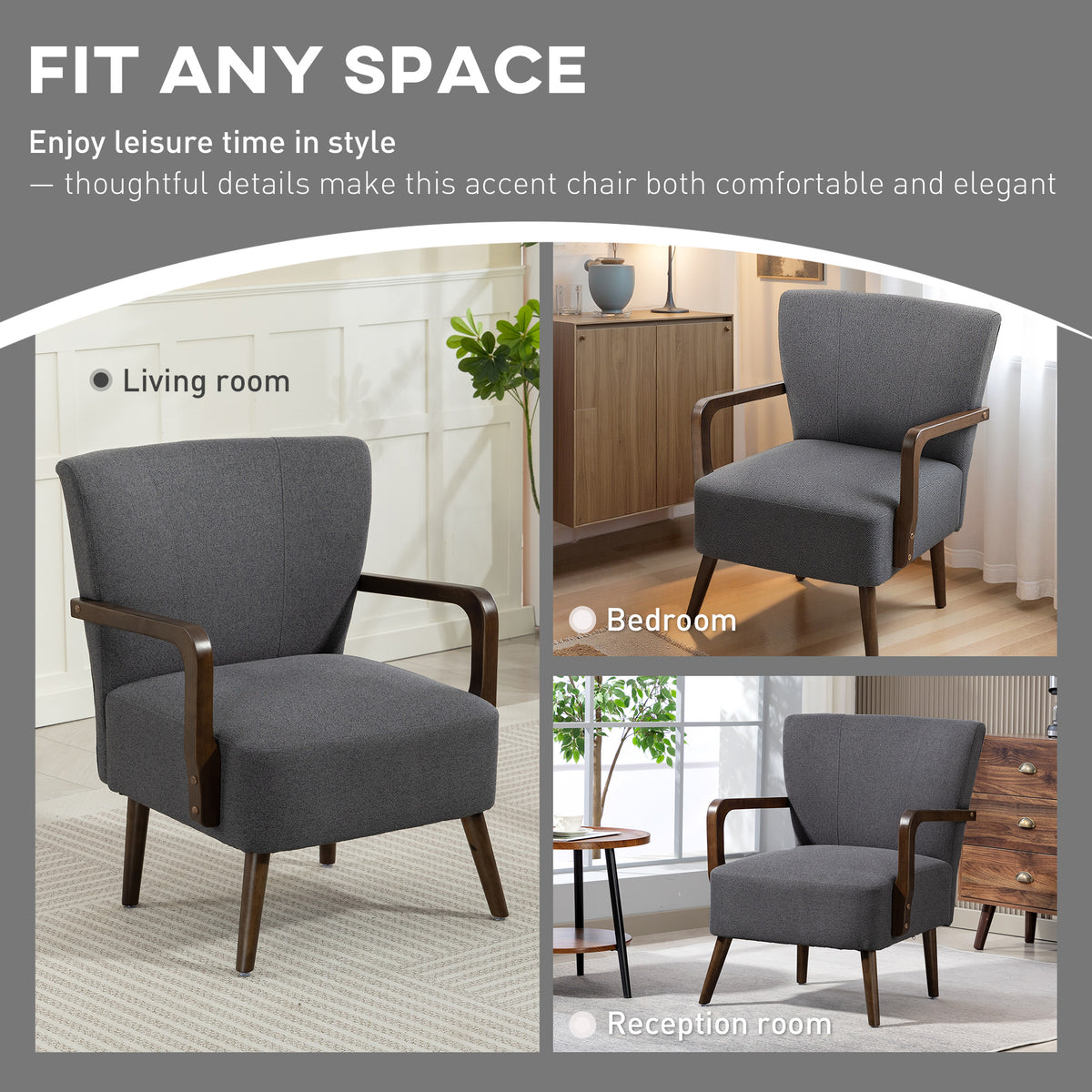 Accent Chair with Wooden Legs, Linen Fabric Armchair with Thick Padding, Comfy Chair for Living Room, Dark Grey