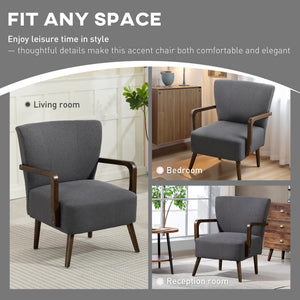 Accent Chair with Wooden Legs, Linen Fabric Armchair with Thick Padding, Comfy Chair for Living Room, Dark Grey