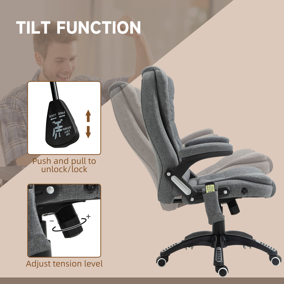 6 Point Vibrating Massage Home Office Chair High Back Executive Chair with Reclining Back, Swivel Wheels, Grey