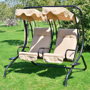 Luxury Porch Swing Metal Outdoor Swing Chair 2 Separated Seater Hammock Heavy-Duty with Canopy and Cushions, Beige