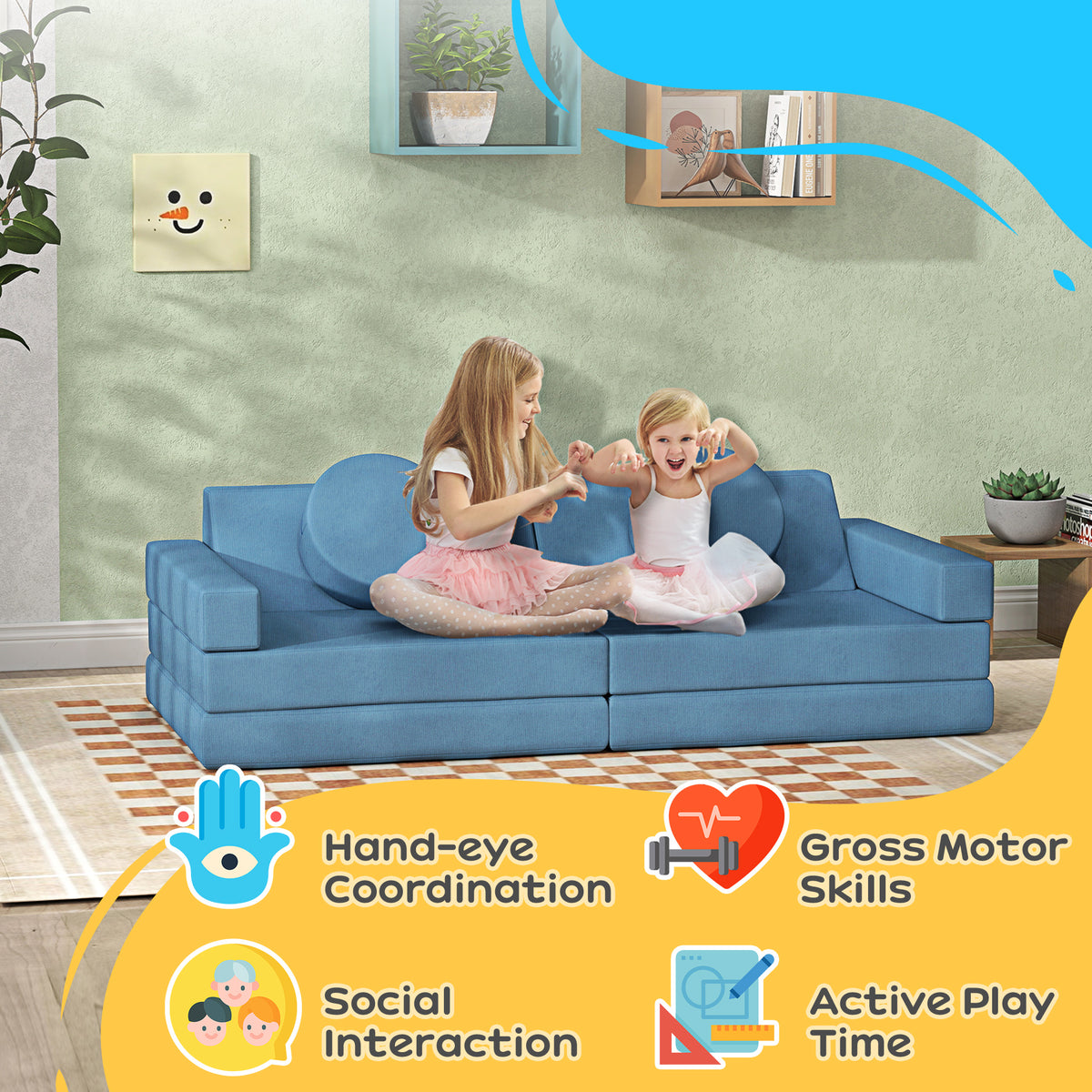 Qaba 12-Piece Modular Kids Play Couch Building Fort for Playroom Bedroom, Convertible Kids Sofa