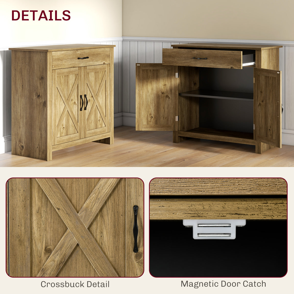 Farmhouse Sideboard Buffet Cabinet, Storage Cabinet with Barn Doors, Nature Wood