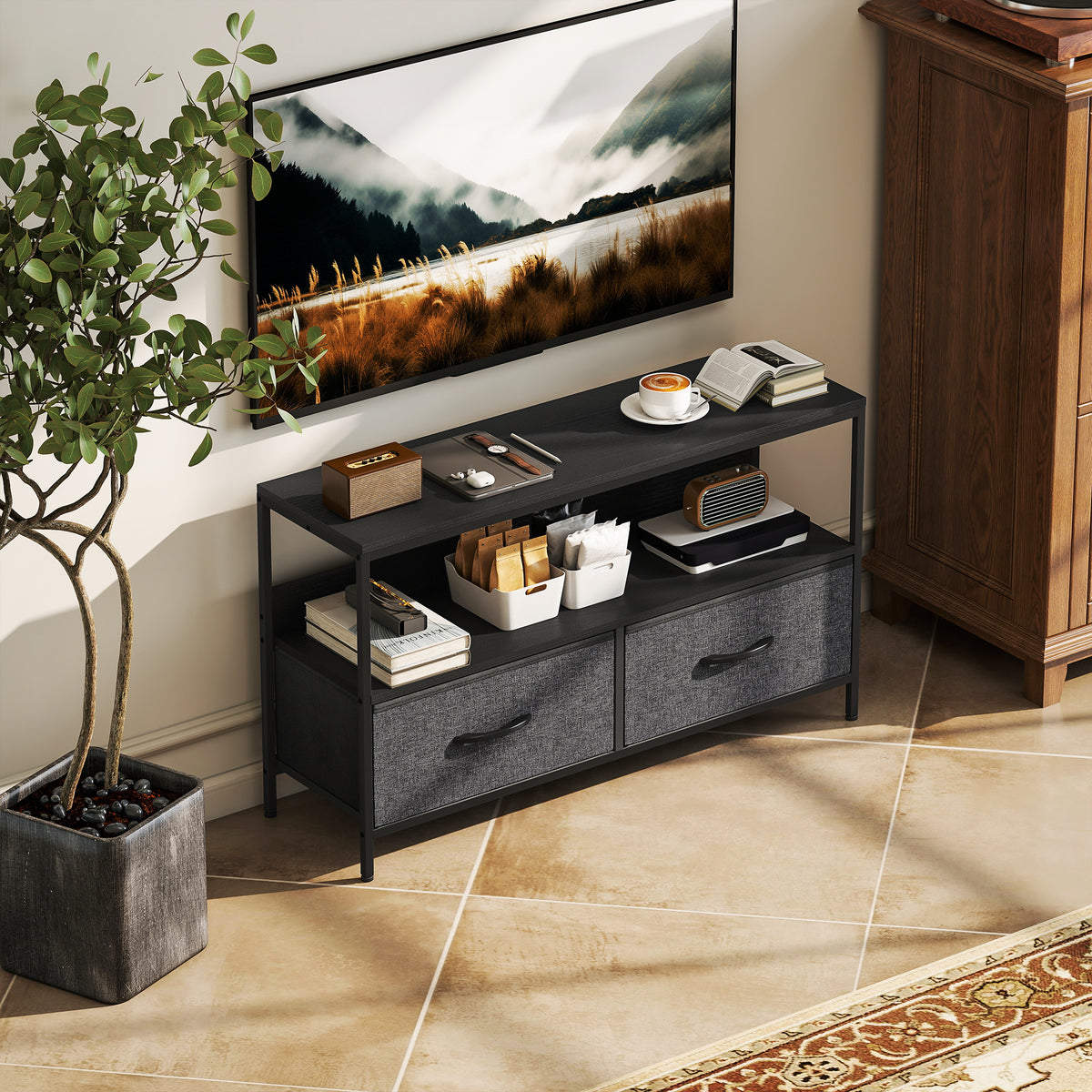 TV Stand with Charging Station, TV Table with 2 Foldable Linen Drawers and Open Shelf for 47 Inch – view 7