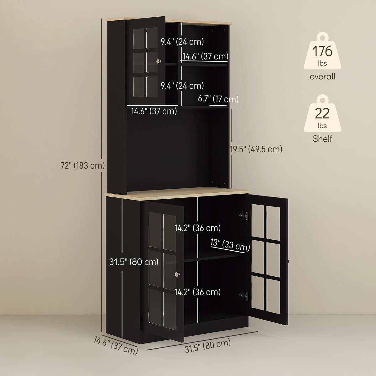 Kitchen Buffet with Hutch, Storage Pantry with 3 Cabinets, 2 Open Shelves and Large Countertop, Black – view 2