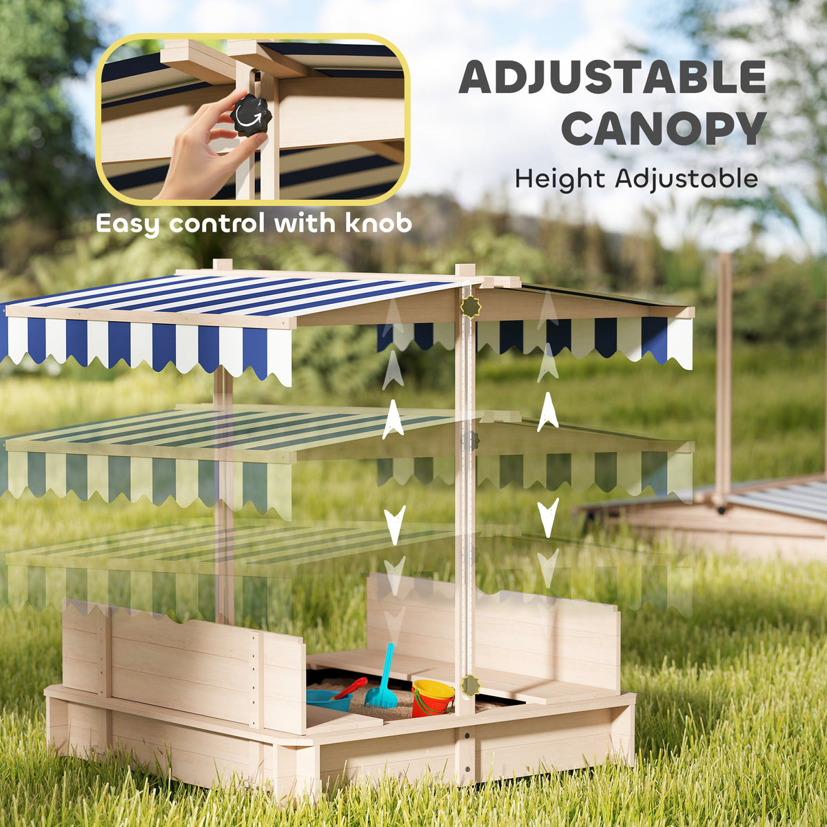 Kids Wooden Sandbox Outdoor Backyard Playset Children Play Station w/ Adjustable Canopy & Convertible Bench – view 5