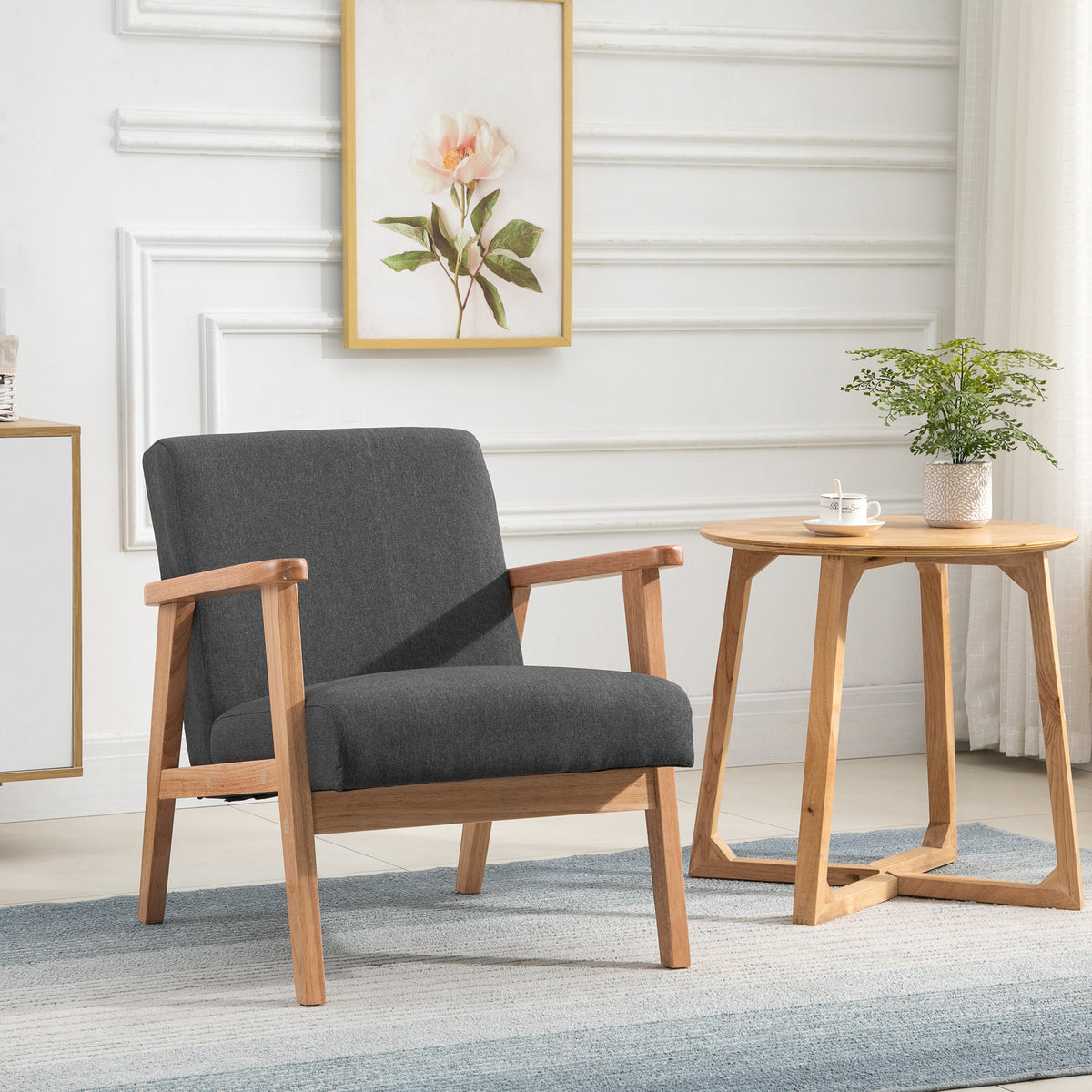 Mid-Century Modern Accent Chair Retro Fabric Armchair Wooden Arm Upholstered Lounge Chair for Living Room Floral
