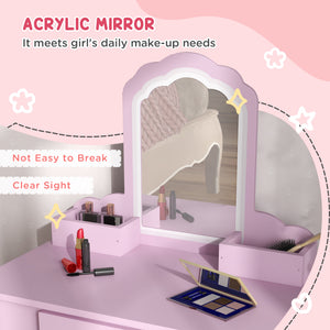Qaba Makeup Vanity with Mirror and Stool, Cloud Design, Drawer, Storage Boxes, for 3-6 Years Old, Pink