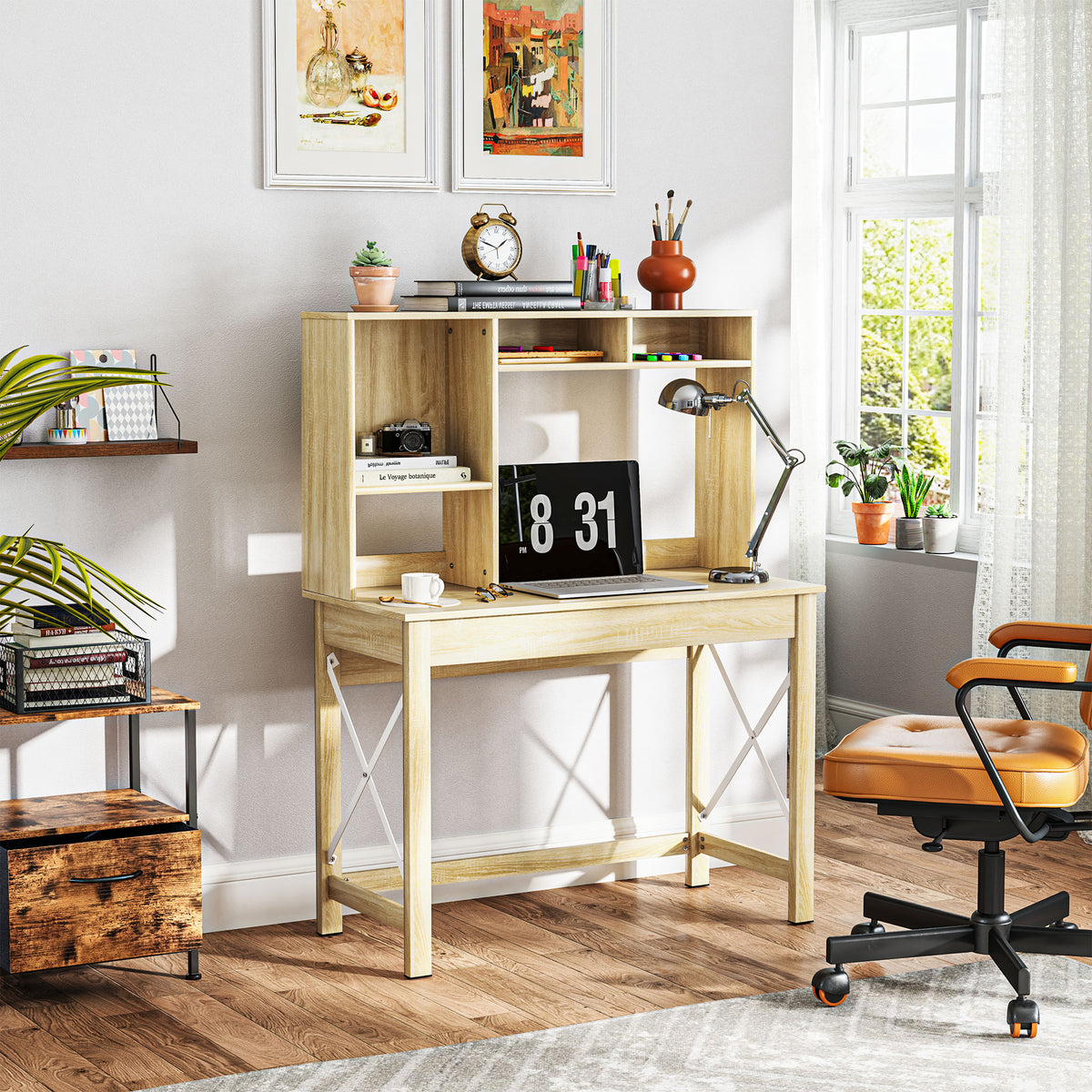 Computer Desk with Hutch, Home Office Table with Storage Shelves and Open Compartments for Writing, Work – view 14