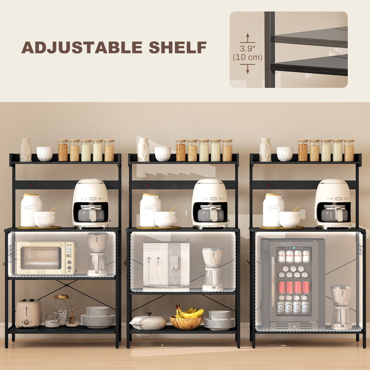 Kitchen Baker's Rack with Power Outlet, Coffee Bar Station with Adjustable Shelves and Hooks – view 11
