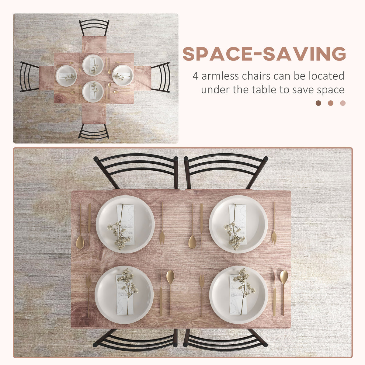 5 Piece Dining Table Set for 4, Space Saving Kitchen Table and 4 Chairs, Rectangle, Steel Frame for Dining Room, Oak