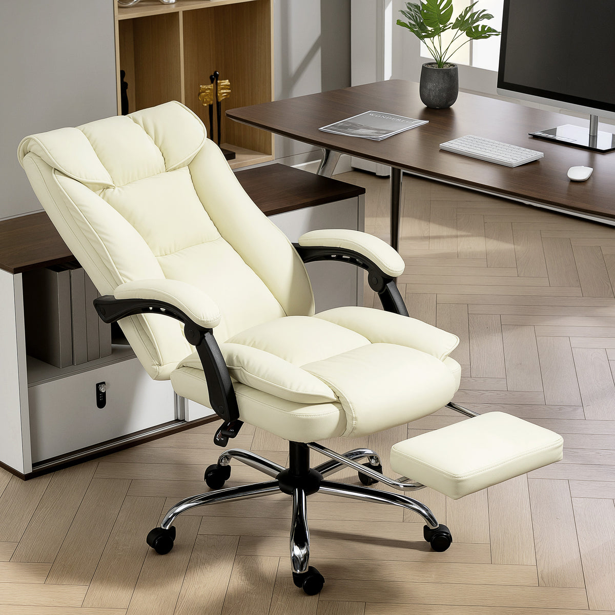 Executive Office Chair, Pet-Friendly Leather Ergonomic Desk Chair with Footrest, Swivel Recliner, Beige – view 7