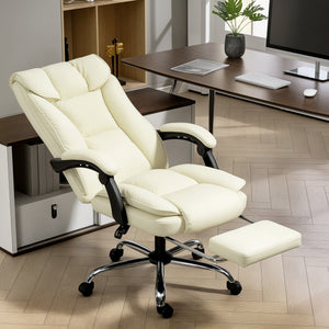 Executive Office Chair, Pet-Friendly Leather Ergonomic Desk Chair with Footrest, Swivel Recliner, Beige – view 7