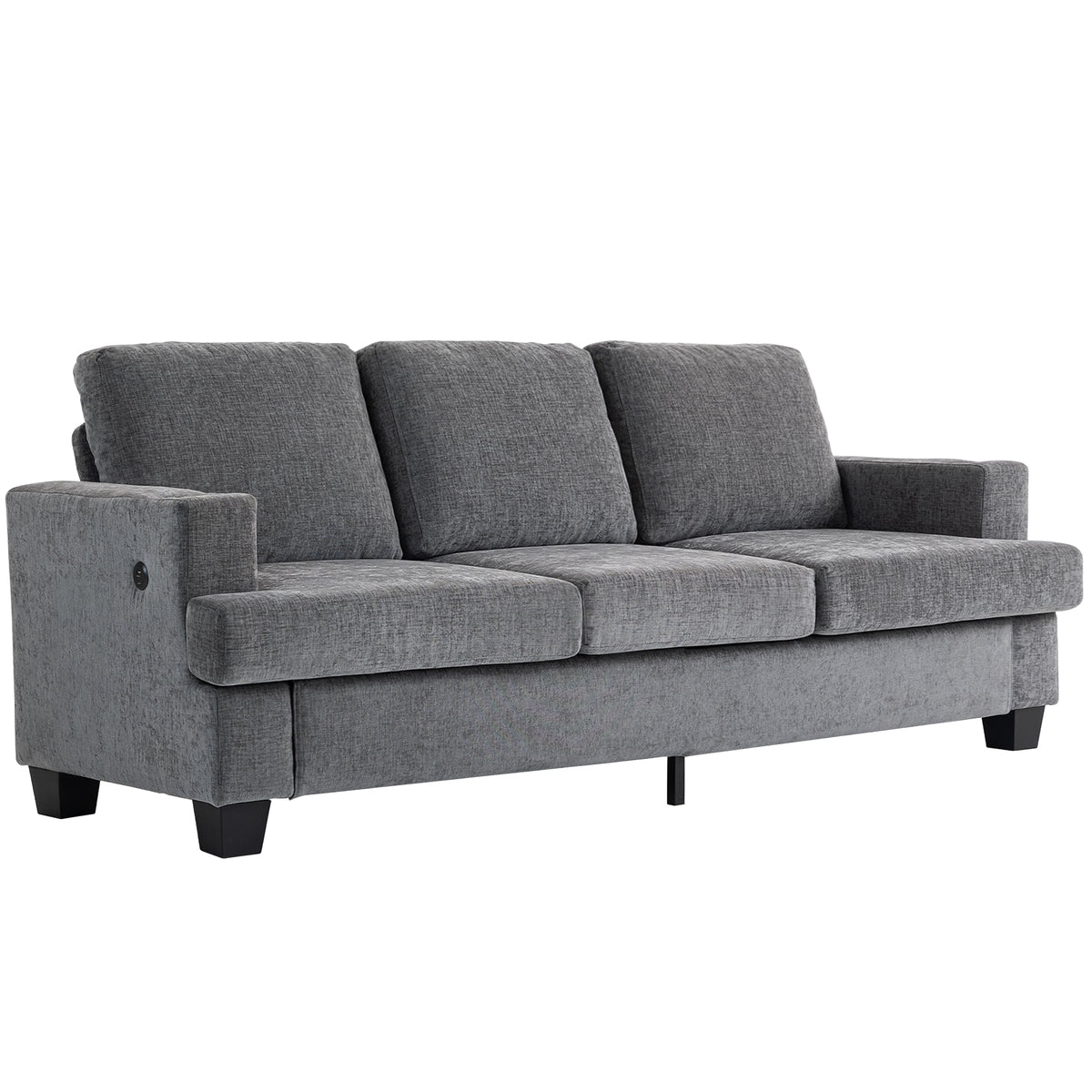 3 Seater Sofa with USB Ports & Cup Holders, Chenille-Feel Upholstered Couch for Living Room, Grey