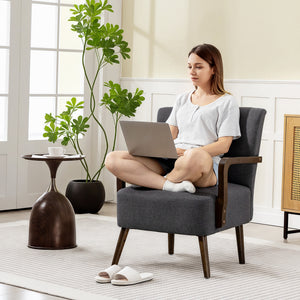 Accent Chair with Wooden Legs, Linen Fabric Armchair with Thick Padding, Comfy Chair for Living Room, Dark Grey