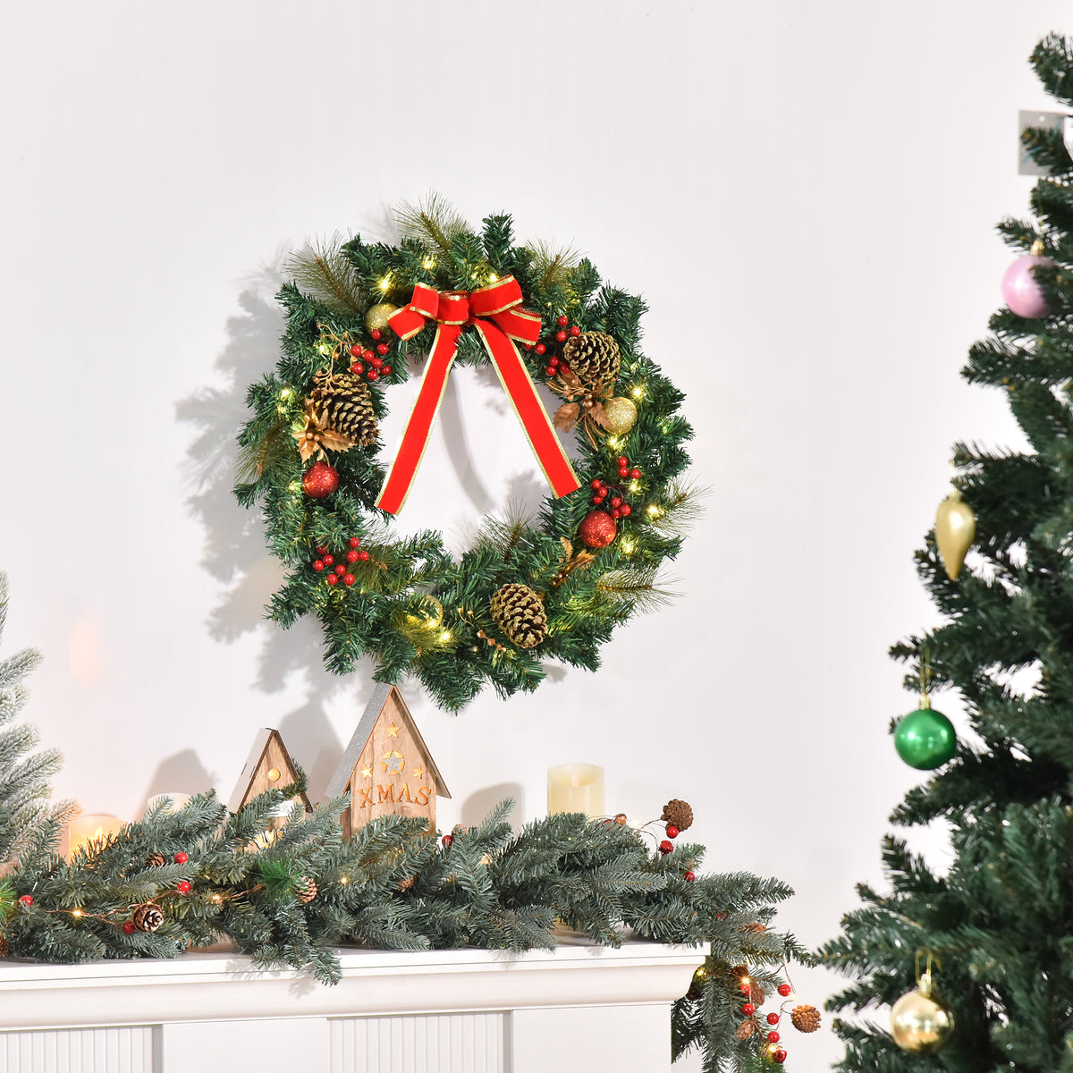 Christmas Wreath 24" Pre-Lit Artificial Greenery Xmas Spruce Wreath Cones Red Berries 20 LED Lights Battery Operated