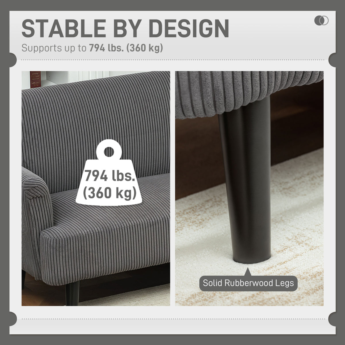 Modern Couch, 3 Seater Sofa, Corduroy Loveseat with Rubberwood Legs and Extra-Wide Seat, Grey