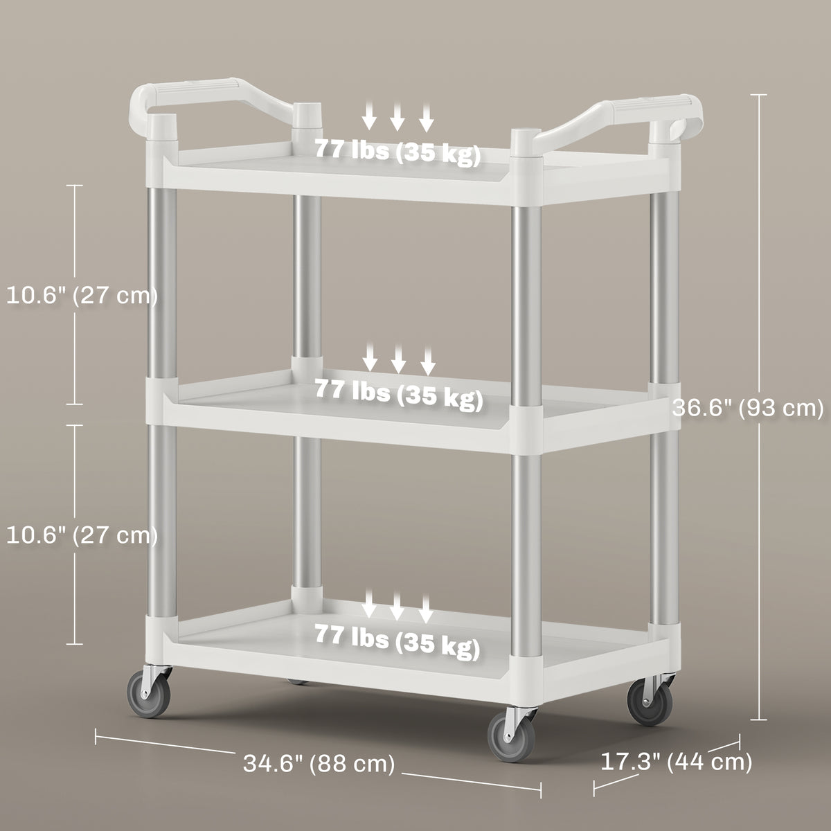 3-Tier Utility Cart Large Rolling Storage Trolley with 3 Shelves Metal Clean Service Cart, Restaurant, Hotel, Livingroom, Silver and Grey