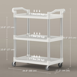 3-Tier Utility Cart Large Rolling Storage Trolley with 3 Shelves Metal Clean Service Cart, Restaurant, Hotel, Livingroom, Silver and Grey