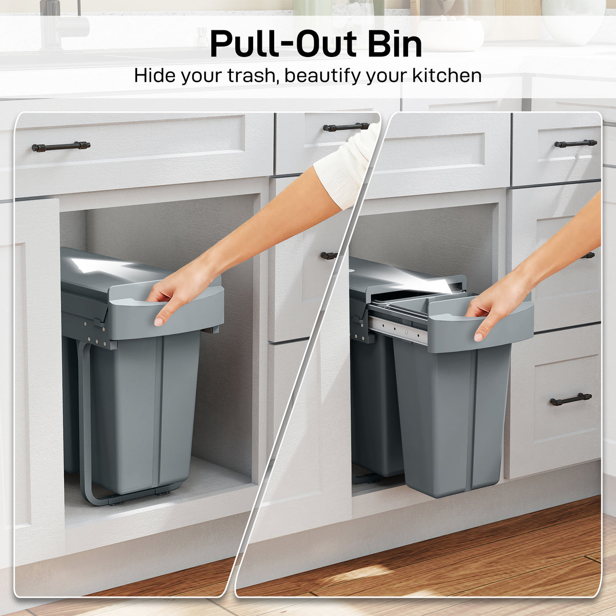 Pull Out Garbage Bin for Kitchen, 7.9 Gallon (30 L) Under Sink Garbage Can, 2 Removable Compartments, Grey
