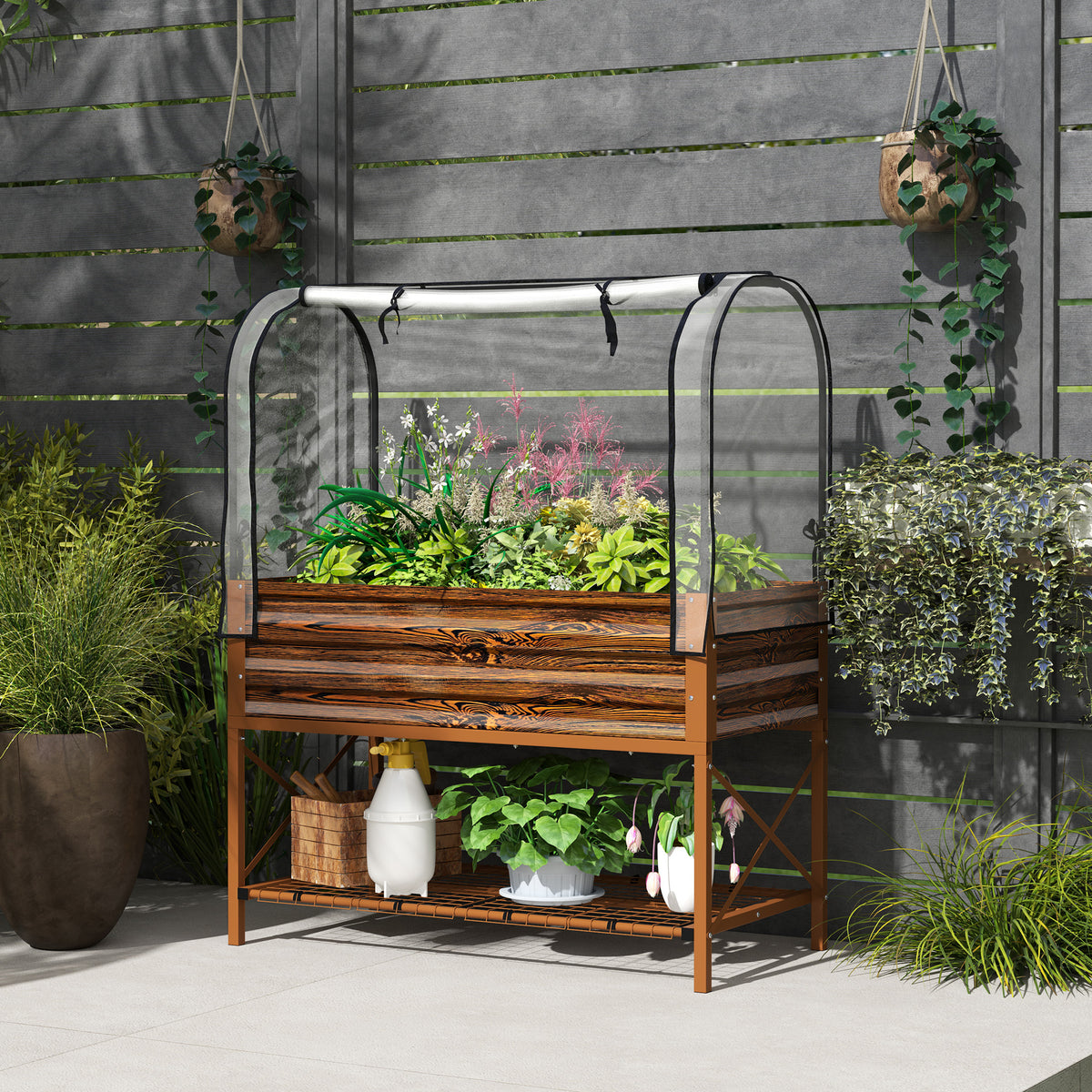 Raised Garden Bed with Cover, Metal Elevated Planter Box with Bottom Shelf and Liner, Black – view 21
