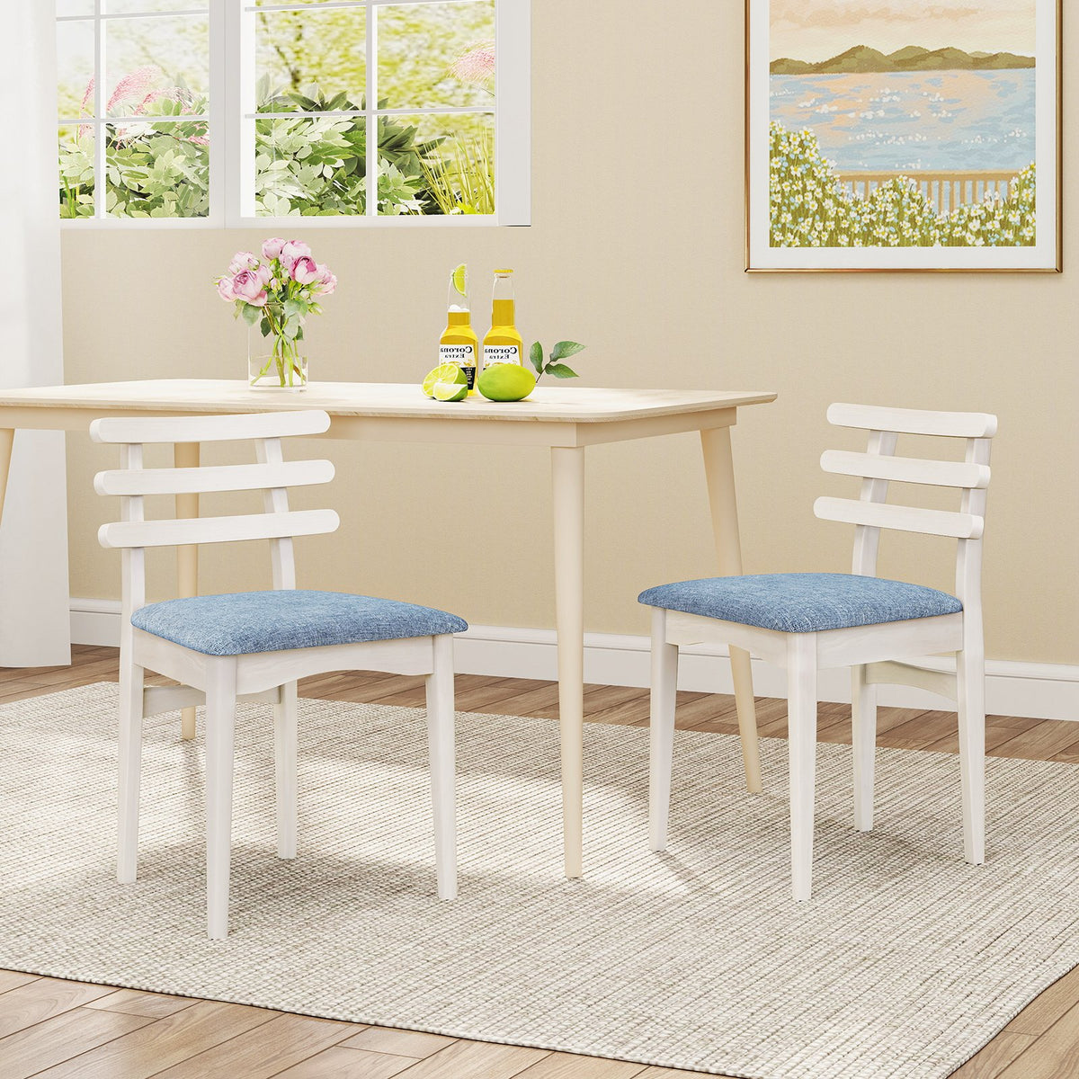 Fabric Kitchen Side Chairs with Rubber Wood Frame and Padded Seat-White view 2