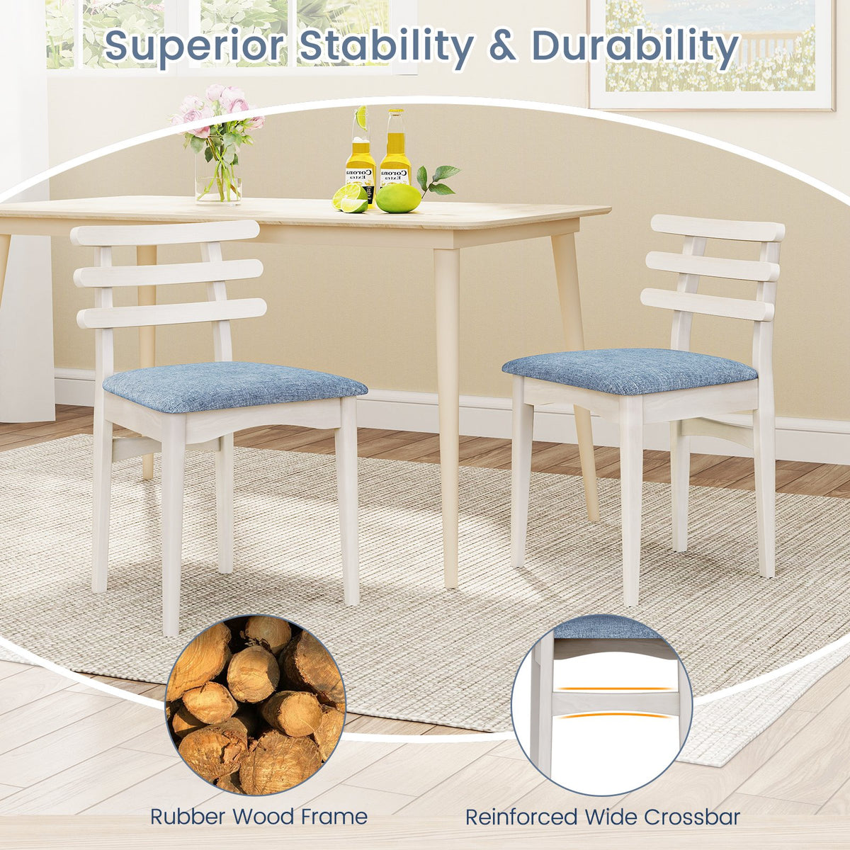 Fabric Kitchen Side Chairs with Rubber Wood Frame and Padded Seat-White view 7