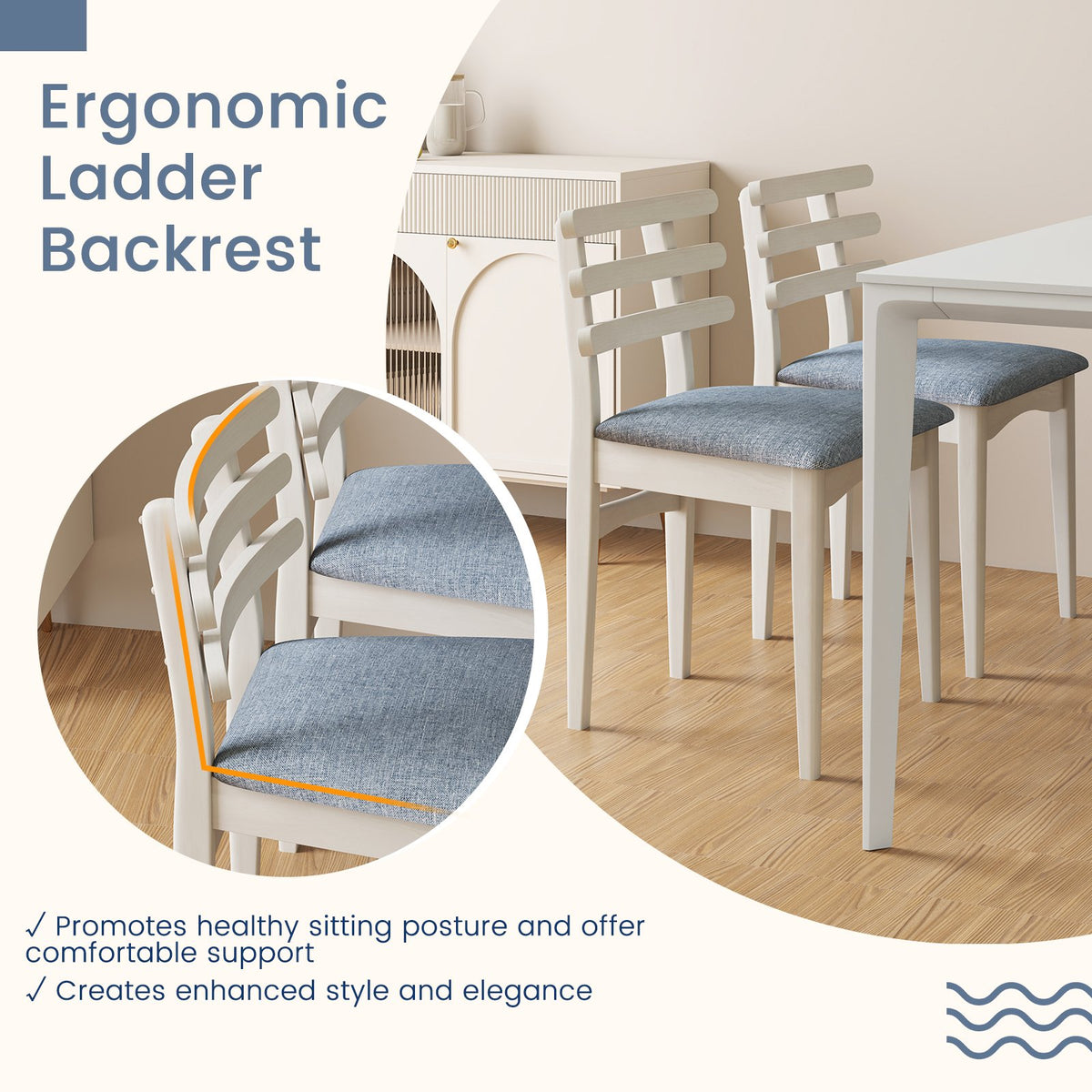 Fabric Kitchen Side Chairs with Rubber Wood Frame and Padded Seat-White view 8