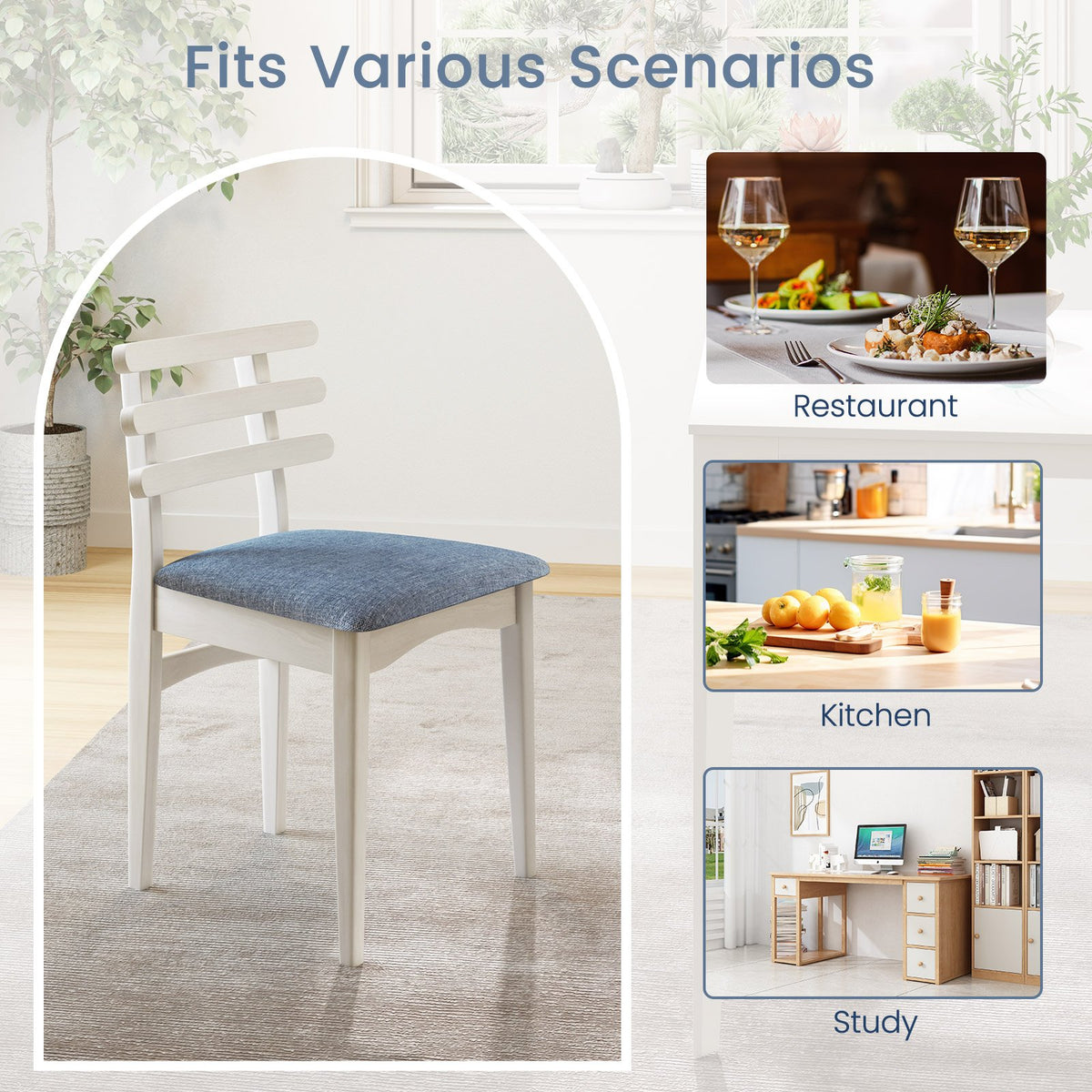 Fabric Kitchen Side Chairs with Rubber Wood Frame and Padded Seat-White view 9