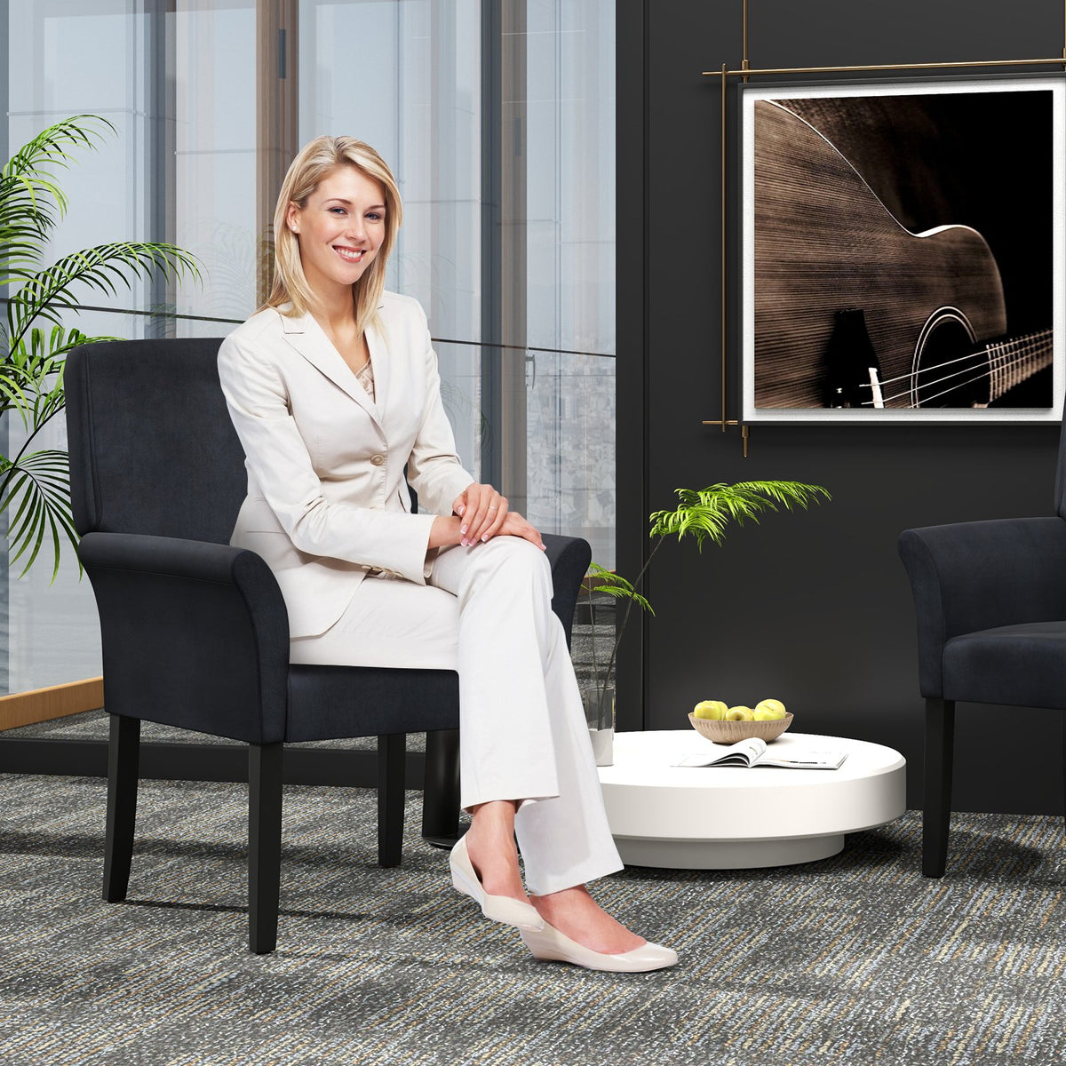 Fabric Upholstered Executive Guest Armchair with Rubber Wood Legs-Black view 5