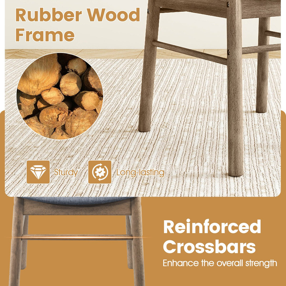 Fabric Upholstered Kitchen Armless Dining Chairs with Rubber Wood Frame Set of 2-Oak view 7