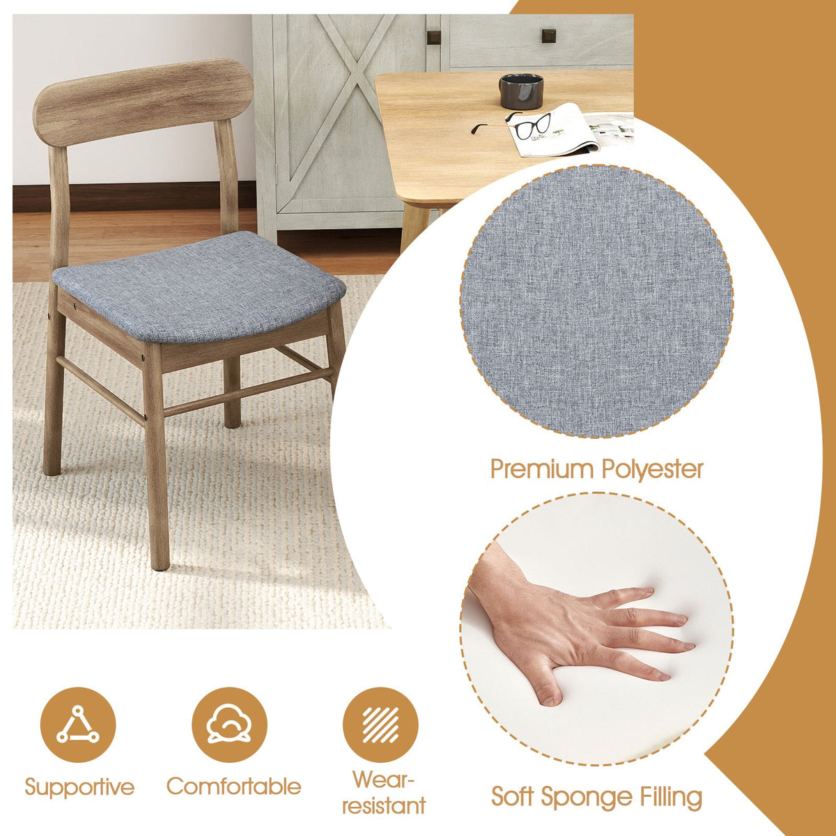 Fabric Upholstered Kitchen Armless Dining Chairs with Rubber Wood Frame Set of 4-Oak view 6