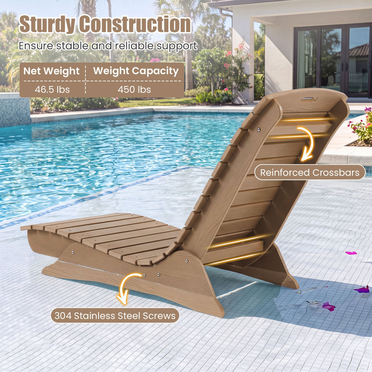 Fade-Resistant Outdoor Lounger with Contoured Shape for Deck Poolside-Brown view 8