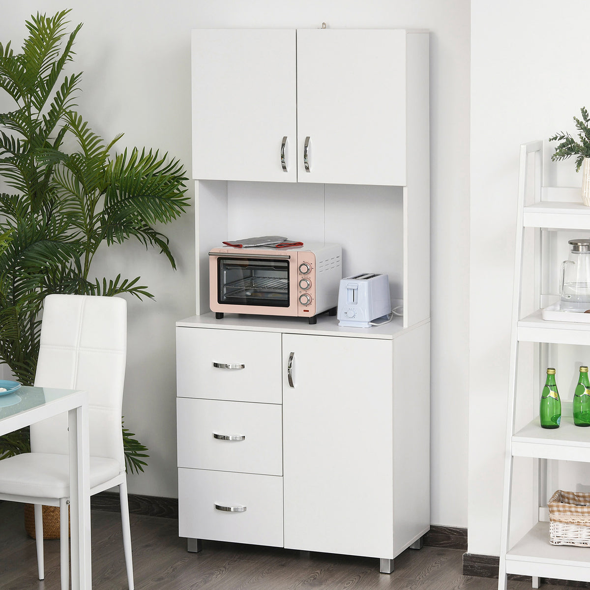 Freestanding Kitchen Buffet with Hutch Storage Organizer with 2 Door Cabinets, 3 Drawers and Open Countertop, Adjustable Shelf for Dining Room Pantry, White
