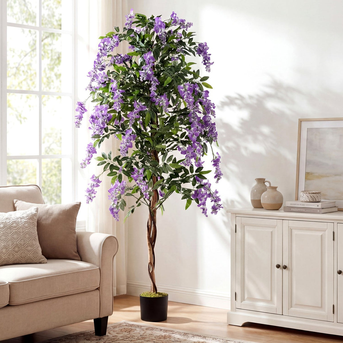 Fake Ficus Plant 6 FT Artificial Wisteria Tree with Natural Trunks and Purple Lifelike Flowers view 2