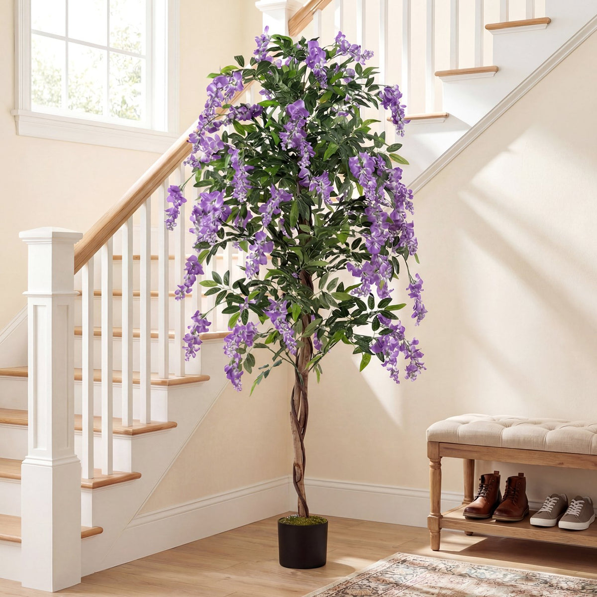 Fake Ficus Plant 6 FT Artificial Wisteria Tree with Natural Trunks and Purple Lifelike Flowers view 3