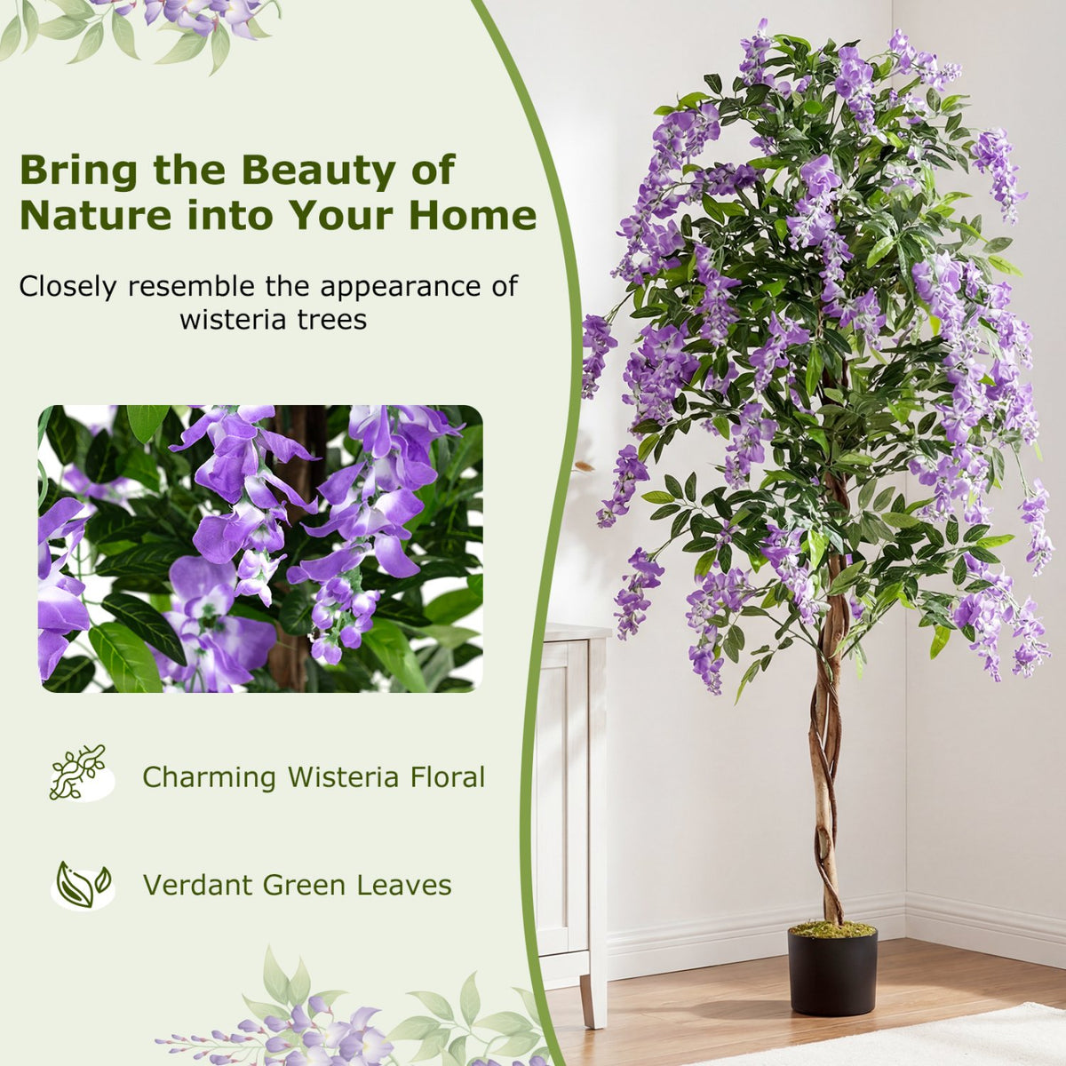 Fake Ficus Plant 6 FT Artificial Wisteria Tree with Natural Trunks and Purple Lifelike Flowers view 6