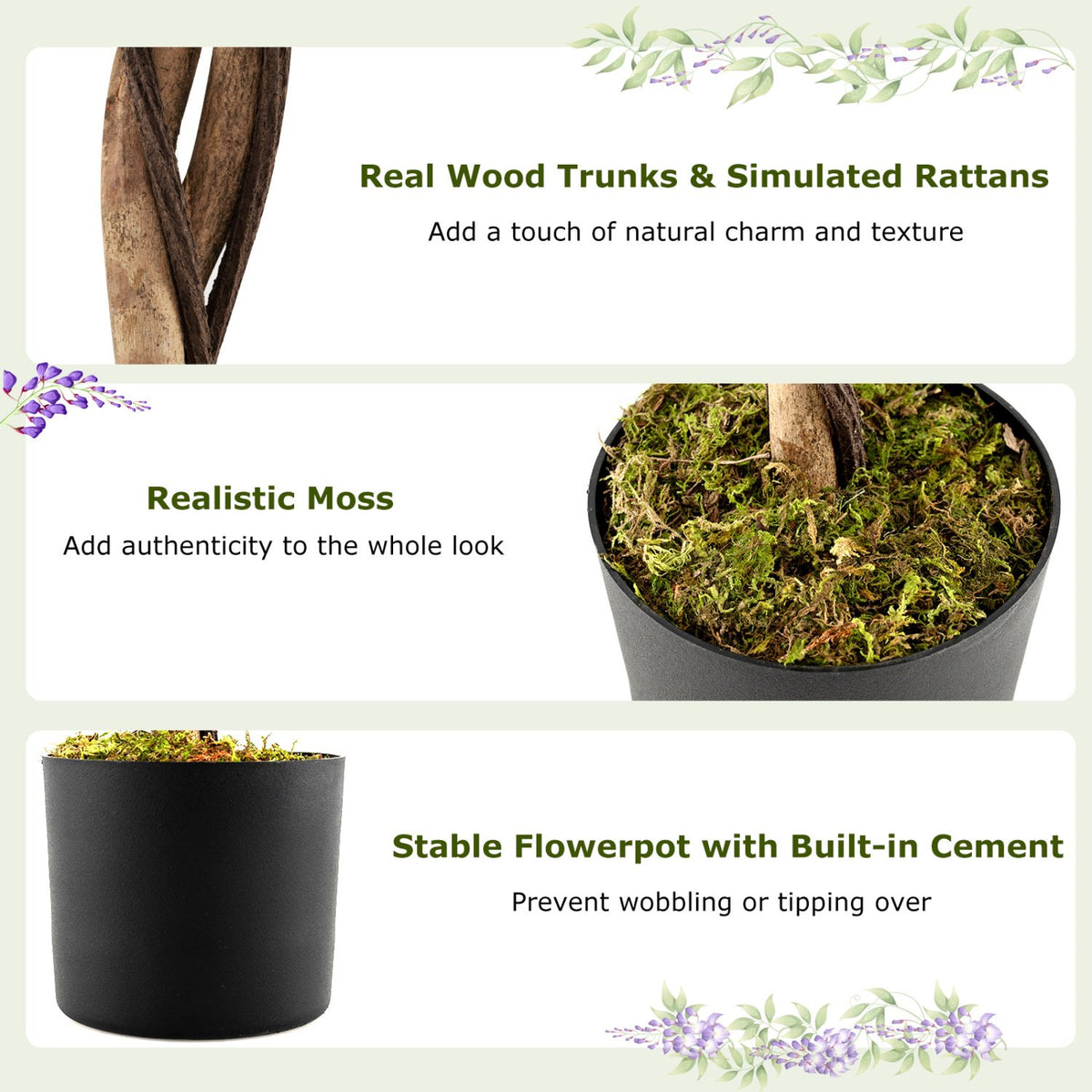 Fake Ficus Plant 6 FT Artificial Wisteria Tree with Natural Trunks and Purple Lifelike Flowers view 7