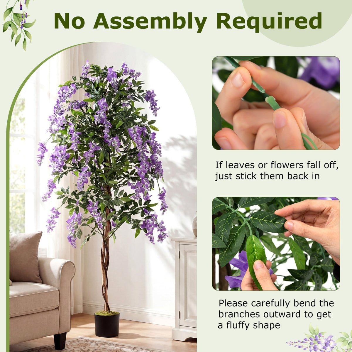 Fake Ficus Plant 6 FT Artificial Wisteria Tree with Natural Trunks and Purple Lifelike Flowers view 9