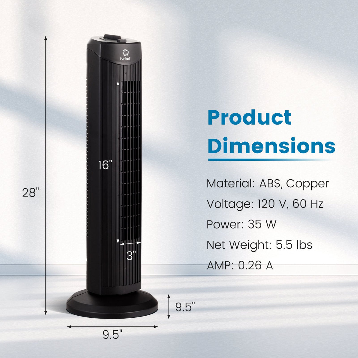 Fantask 35W 28 Inch Quiet Bladeless Oscillating Tower Fan-Black view 5